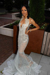 Silver Beaded See-through Mermaid Floor length Prom Dresses-Showprettydress