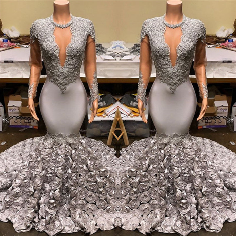 Silver Fit and Flare Floral Prom Dresses Wholesale Lace Appliques Real Shooting Prom Party Gowns-showprettydress