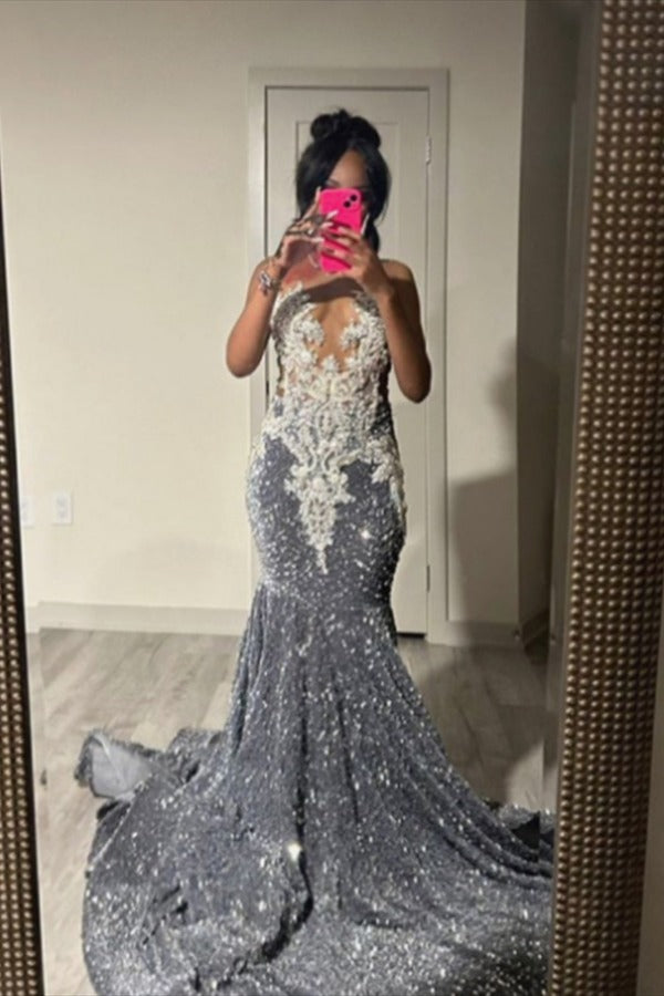 Silver Grey Long Mermaid Sequins Prom Dress With Beads-showprettydress