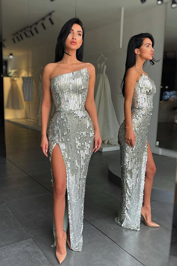 Silver Long Mermaid Sequin Asymmetric Neckline Prom Dress with Slit-showprettydress
