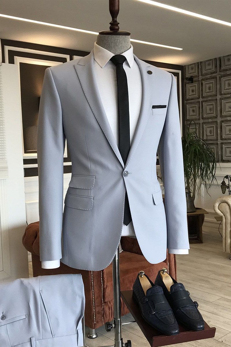 Silver Peaked Lapel One Button 3 flaps Men's Business Suitss-showprettydress