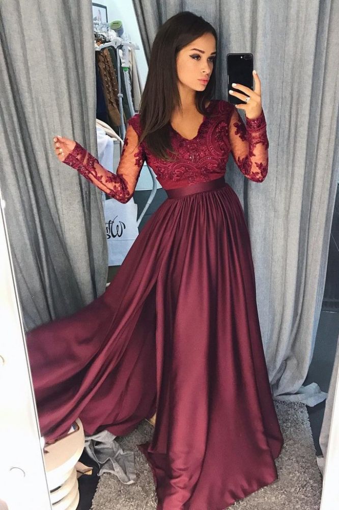 Simple Applique Hot V-Neck Side slit SleevelessProm Dresses with Charming Beads-showprettydress
