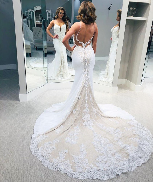 Simple Backless Spaghetti Strap Column Wedding Dress with Train-showprettydress