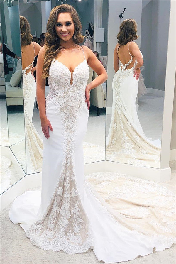 Simple Backless Spaghetti Strap Column Wedding Dress with Train-showprettydress