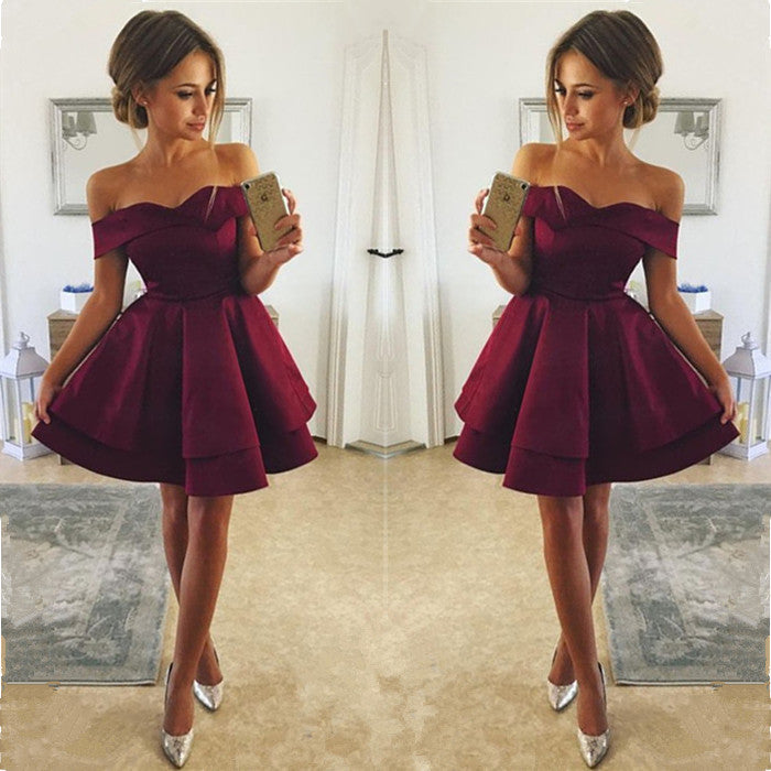 Simple Burgundy Short Homecoming Dresses Off Shoulder A-Line Hoco Dresses-showprettydress