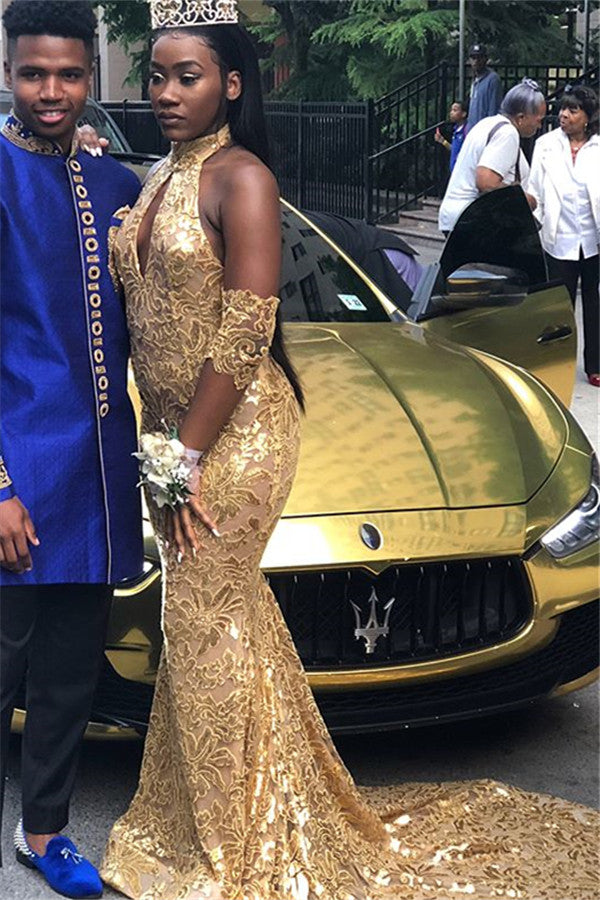Simple Gold Shining Sequins Halter Mermaid Keyhole Sleeveless Chic Evening Dresses-showprettydress