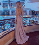 Simple Halter Backless Dusty Pink High split Long evening Dresses-showprettydress