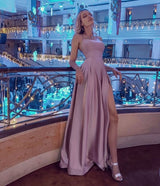 Simple Halter Backless Dusty Pink High split Long evening Dresses-showprettydress