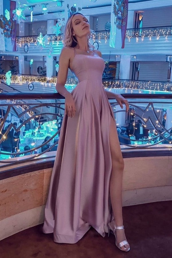 Simple Halter Backless Dusty Pink High split Long evening Dresses-showprettydress