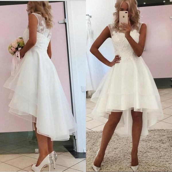 Simple High Low A-line Lace Bateau Sleeves Wedding Dress-showprettydress