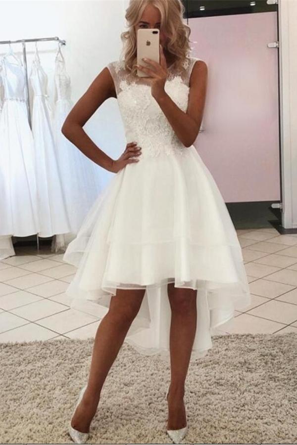 Simple High Low A-line Lace Bateau Sleeves Wedding Dress-showprettydress