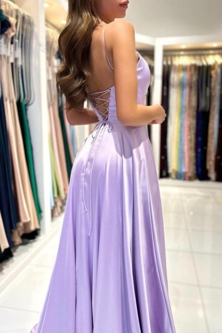 Simple Lilac Long A-line Sleeveless Backless Formal Prom Dresses-showprettydress
