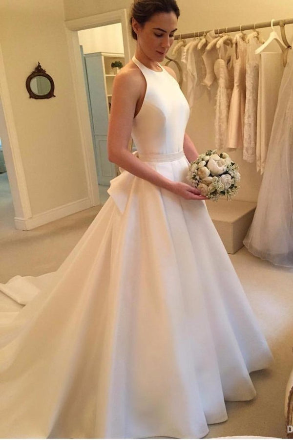 Simple Long A Line Halter Satin Backless Wedding Dress with Bow-showprettydress