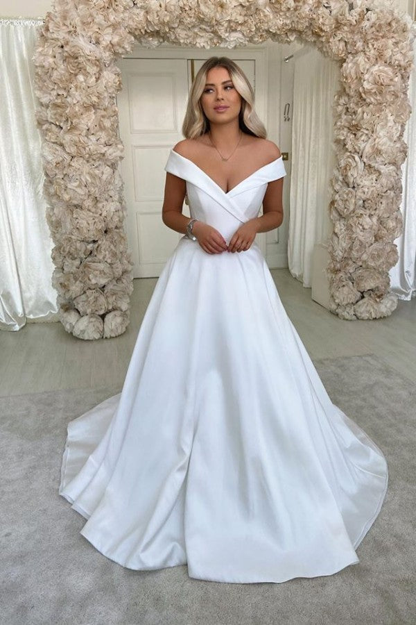 Simple Long A-line off-the-shoulder Satin Wedding Dress-showprettydress