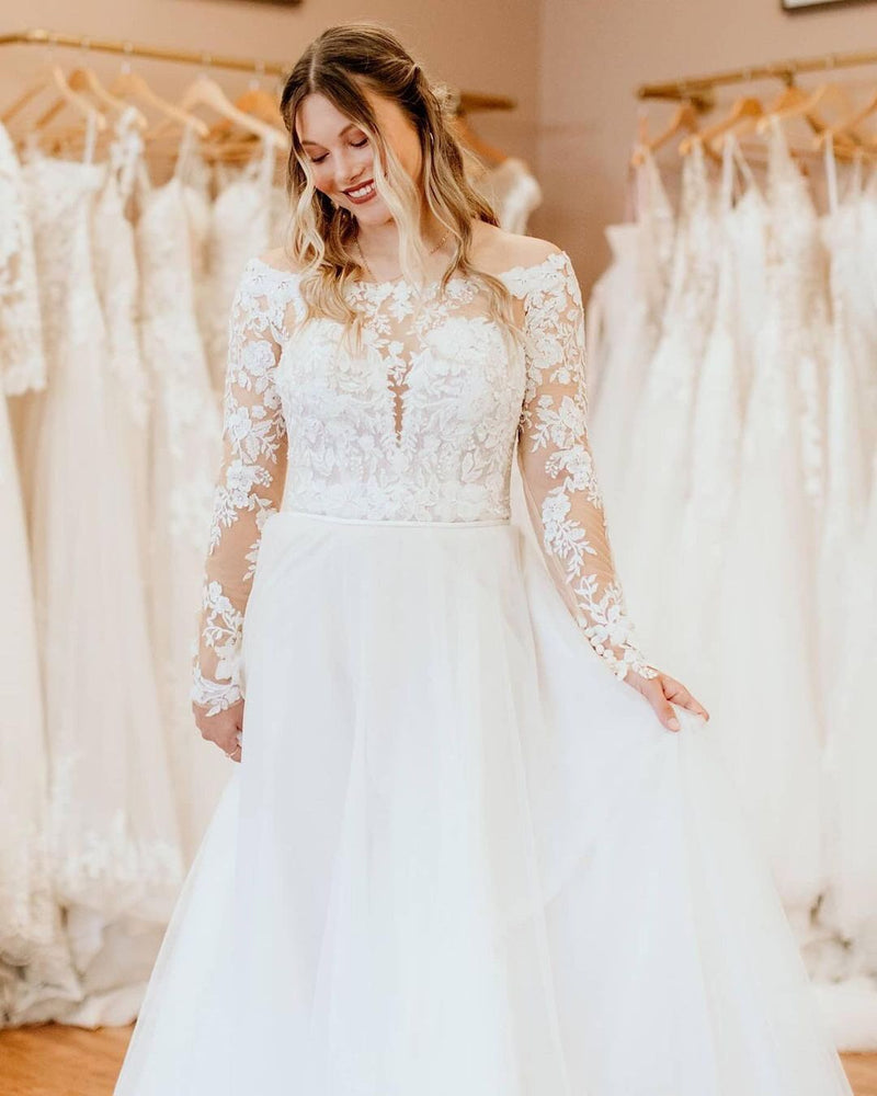 Simple Long A-Line Off-the-Shoulder Tulle Lace Wedding Dress With Sleeves-showprettydress