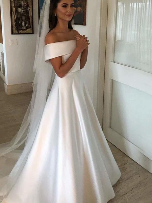 Simple Long A Line Satin Off The Shoulder Wedding Dresses-showprettydress