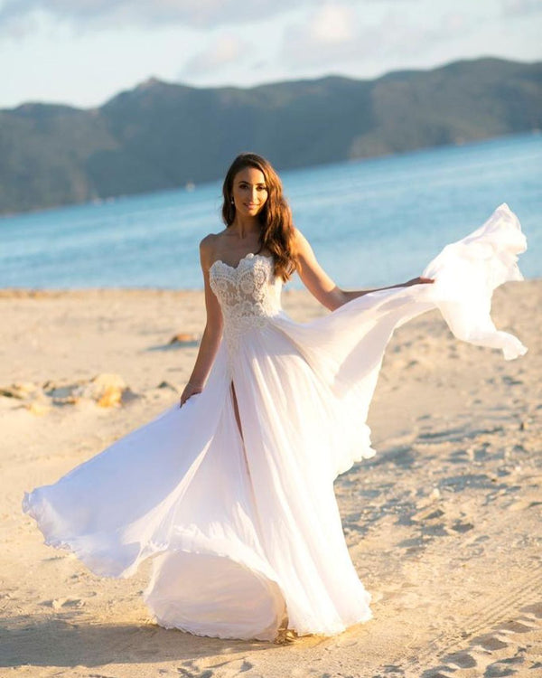 Simple Long A-line Sweetheart Chiffon Appliques Lace Wedding Dress-showprettydress