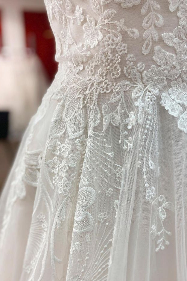 Simple Long A-line Tulle Lace V Neck Appliques Lace Open Back Wedding Dress-showprettydress