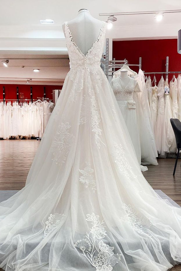 Simple Long A-line Tulle Lace V Neck Appliques Lace Open Back Wedding Dress-showprettydress