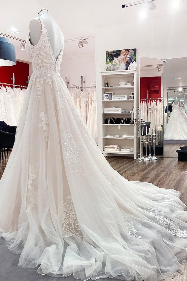 Simple Long A-line Tulle Lace V Neck Appliques Lace Open Back Wedding Dress-showprettydress