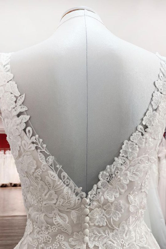 Simple Long A-line Tulle Lace V Neck Appliques Lace Open Back Wedding Dress-showprettydress