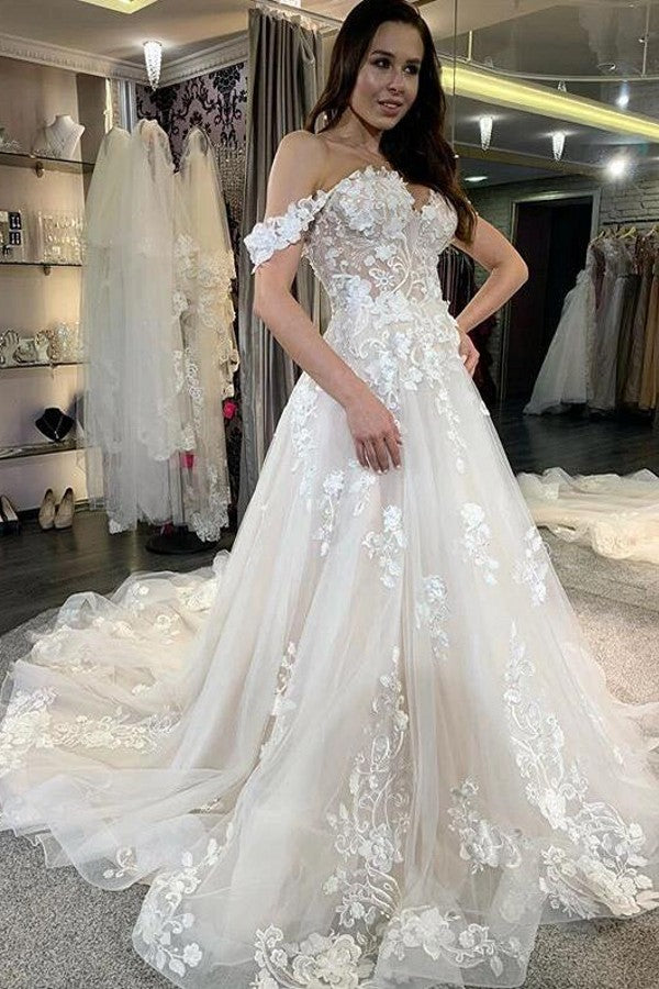 Simple Long A-line Tulle Off-the-Shoulder Lace Appliques Wedding Dress-showprettydress