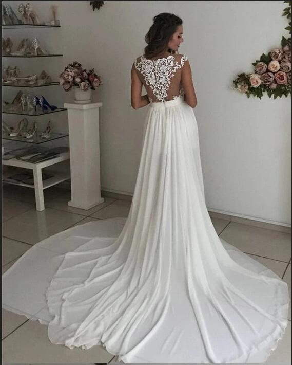 Simple Long A-line V-neck Chiffon Lace Wedding Dress with Slit-showprettydress