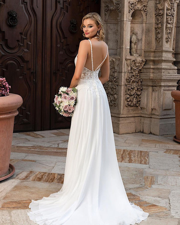 Simple Long A-line V-neck Chiffon Lace Wedding dress with slit-showprettydress