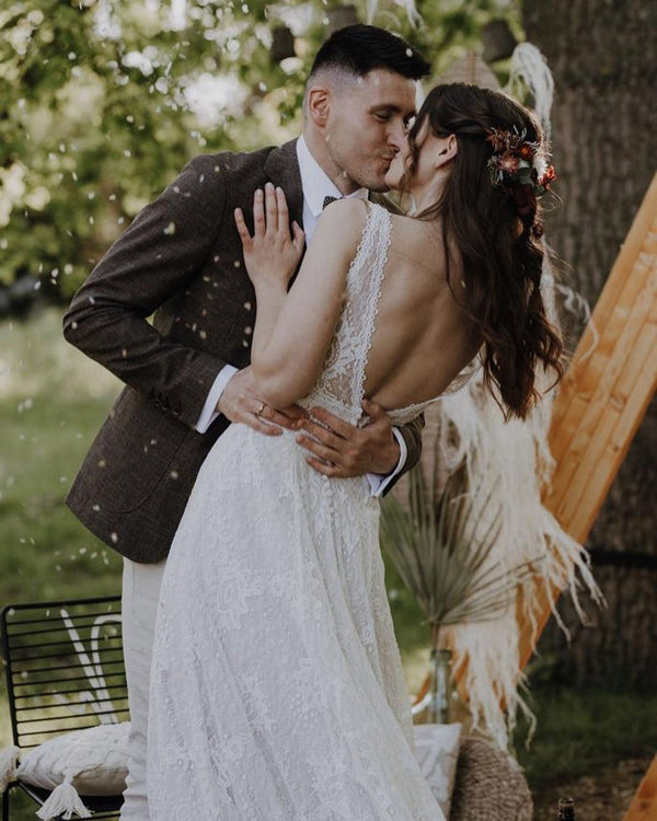 Simple Long A-Line V-neck Lace Backless Wedding Dresses-showprettydress