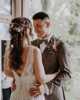 Simple Long A-Line V-neck Lace Backless Wedding Dresses-showprettydress