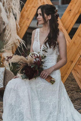 Simple Long A-Line V-neck Lace Backless Wedding Dresses-showprettydress
