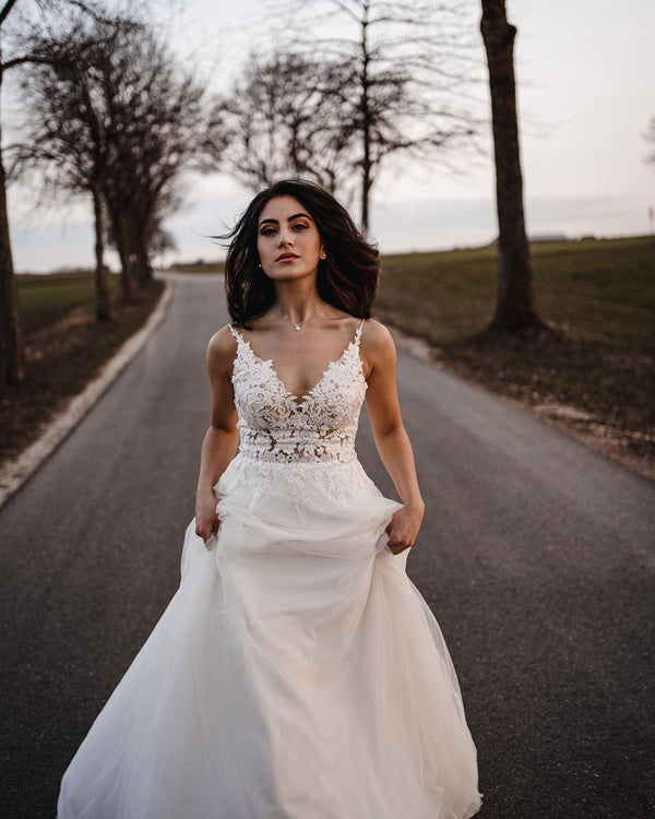 Simple Long A-line V-neck Tulle Backless Wedding Dress-showprettydress