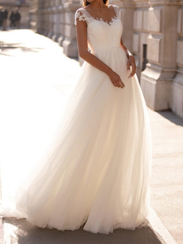 Simple Long A-Line V Neck Tulle Backless Wedding Dresses with Cap Sleeves-showprettydress