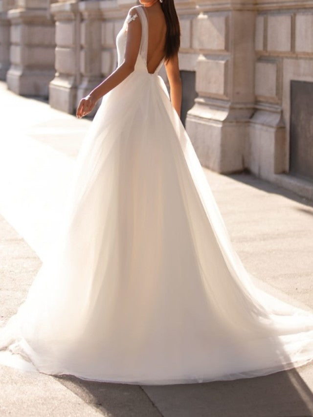 Simple Long A-Line V Neck Tulle Backless Wedding Dresses with Cap Sleeves-showprettydress