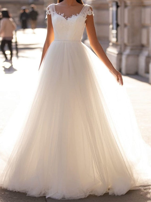Simple Long A-Line V Neck Tulle Backless Wedding Dresses with Cap Sleeves-showprettydress