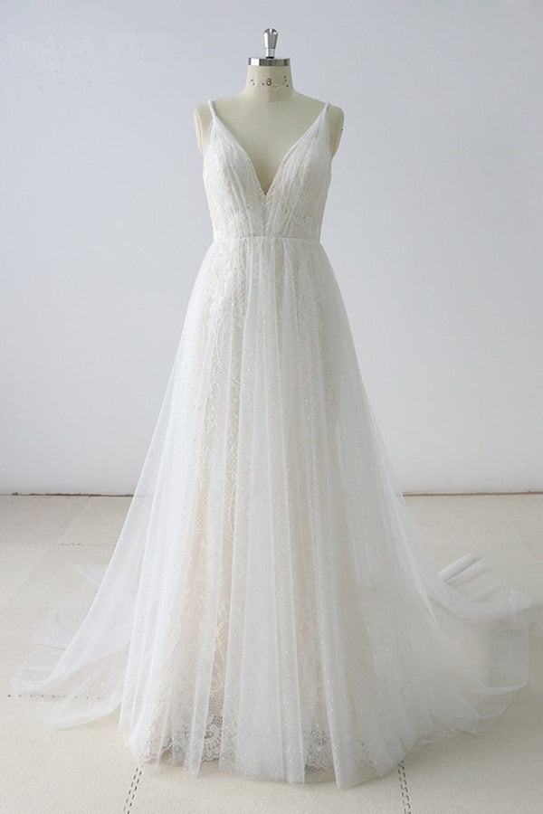 Simple Long A-line V Neck Tulle Wedding Dress-showprettydress