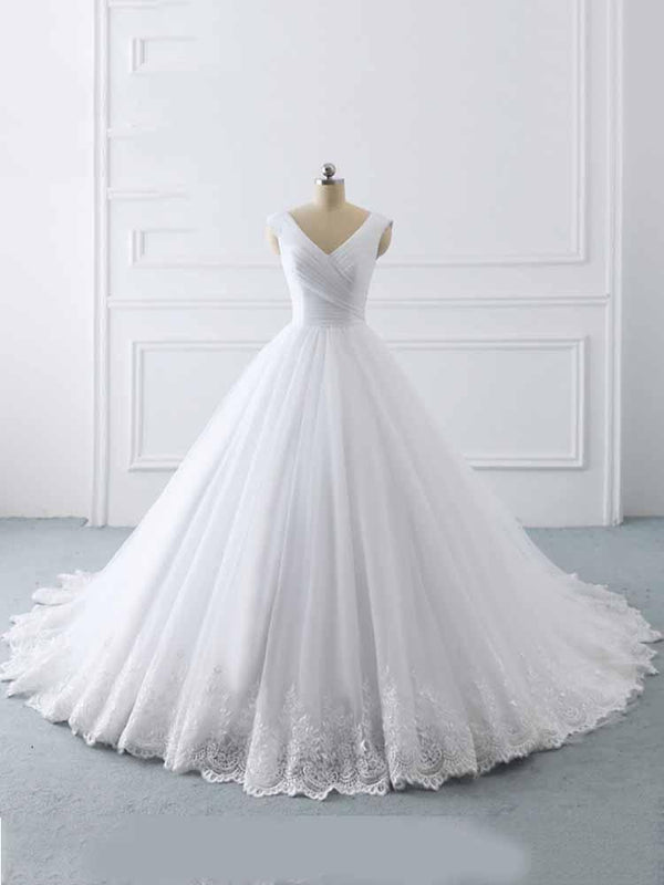 Simple Long Ball Gown V-Neck Lace-Up Tulle Wedding Dresses-showprettydress