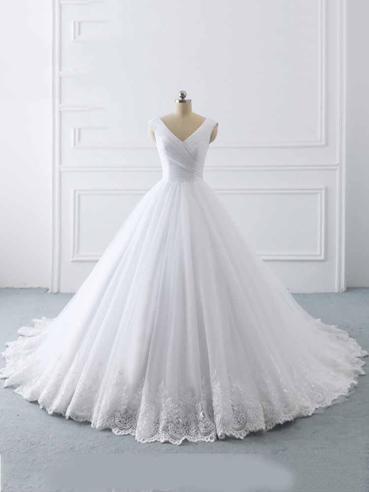 Simple Long Ball Gown V-Neck Lace-Up Tulle Wedding Dresses-showprettydress