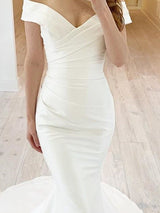 Simple Long Mermaid Off the Shoulder Chiffon Satin Wedding Dresses-showprettydress