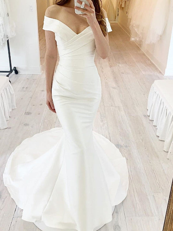 Simple Long Mermaid Off the Shoulder Chiffon Satin Wedding Dresses-showprettydress