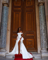 Simple Long Mermaid Off-the-shoulder Satin Wedding dress with slit-showprettydress