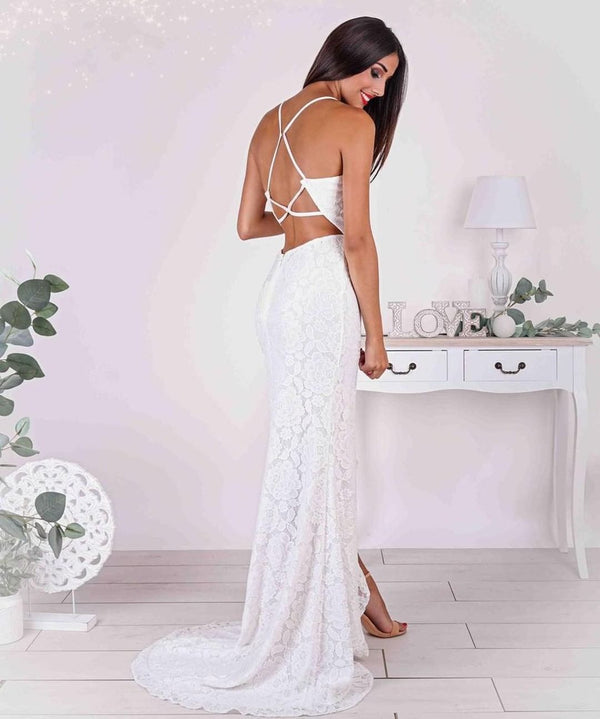 Simple Long Mermaid Strapless Spaghetti Straps Wedding Dress with Slit-showprettydress