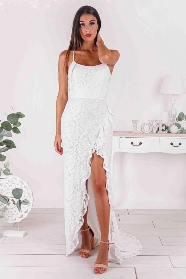 Simple Long Mermaid Strapless Spaghetti Straps Wedding Dress with Slit-showprettydress