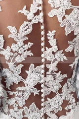 Simple Long Sheath Satin Illusion Lace Back Wedding Dress with Sleeves-showprettydress