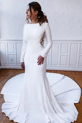 Simple Long Sheath Satin Illusion Lace Back Wedding Dress with Sleeves-showprettydress