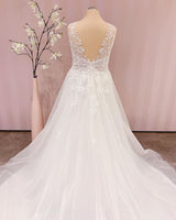 Simple Long V-neck A-Line Backless Wedding Dress With Appliques Lace-showprettydress