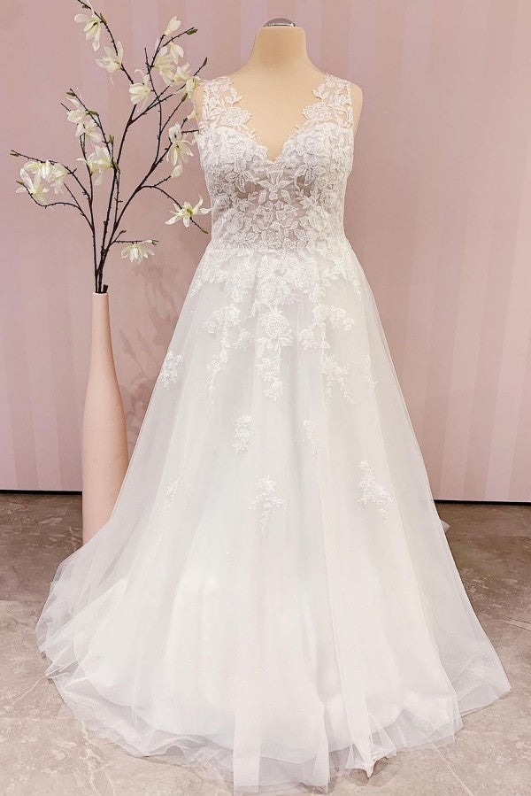 Simple Long V-neck A-Line Backless Wedding Dress With Appliques Lace-showprettydress