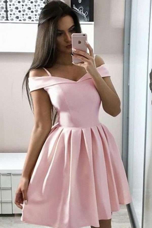 Simple Off-the-Shoulder Pink Homecoming Dress Chic Sweetheart Ruffles Affordable Short Cocktail Dress-showprettydress