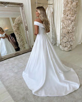Simple Retro White Off the shoulder A line Bridal Gowns-showprettydress