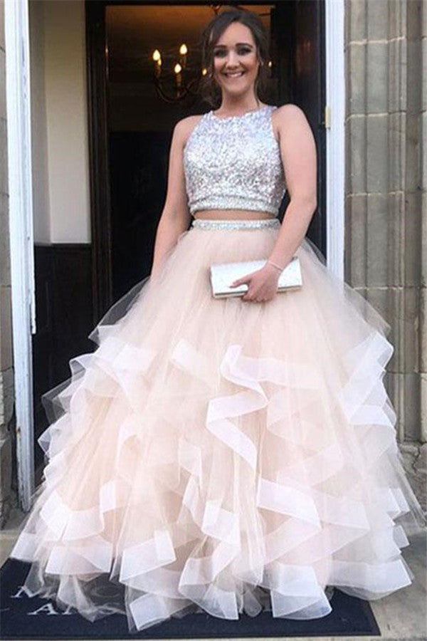 Simple Shining Sequins Jewel Sheer Prom Dresses Two Piece Sleeveless Chic Evening Dresses-showprettydress